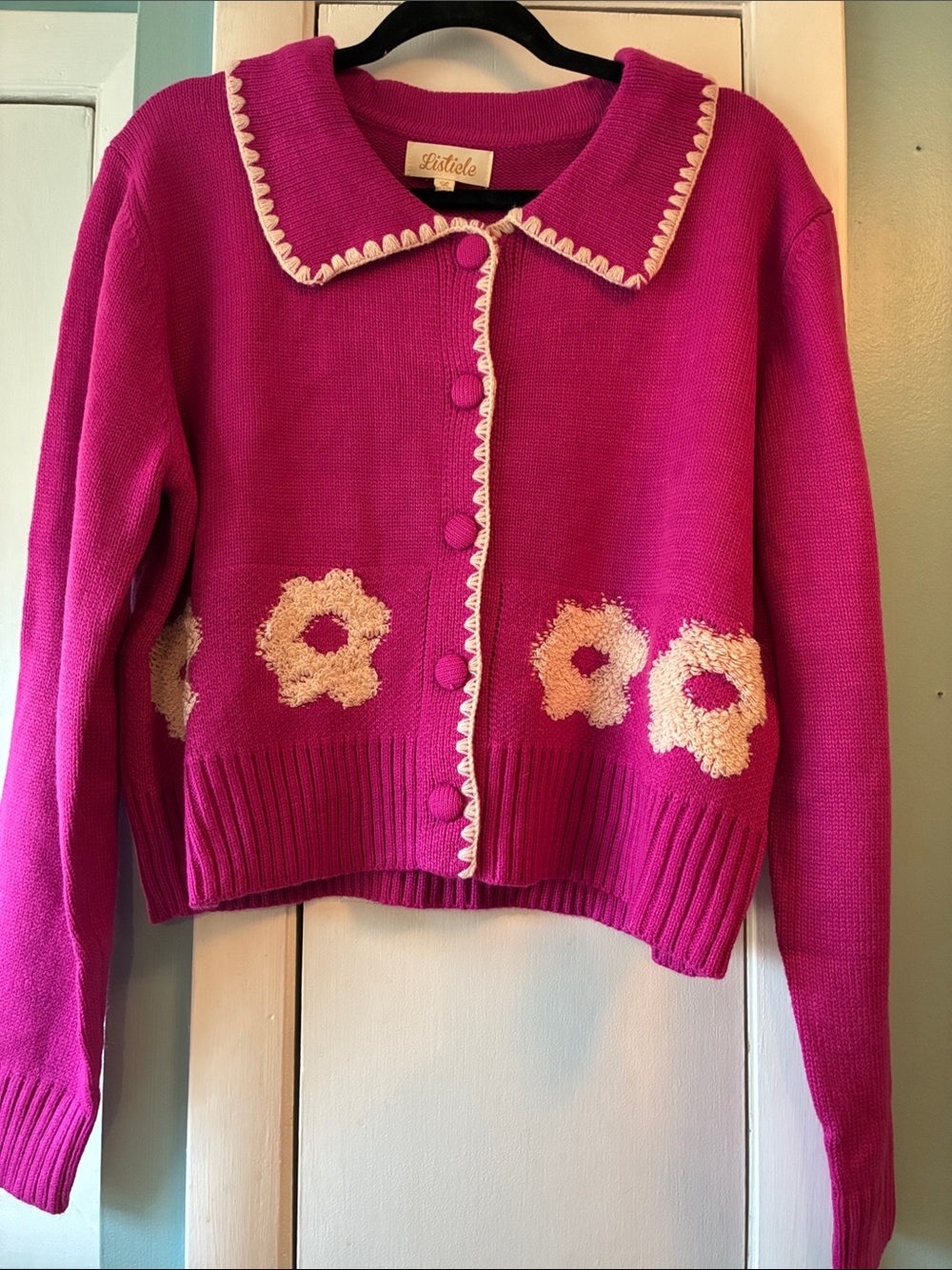 Listicle Women's Bright Pink Cardigan with Cream Floral Trim